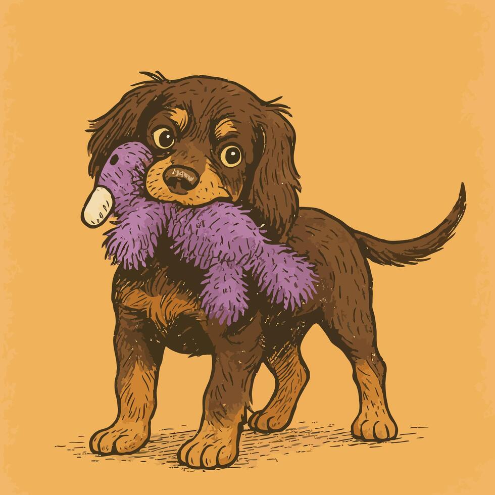 Puppy Carrying Plush Toy Animal Illustration in Brown and Purple Tones vector