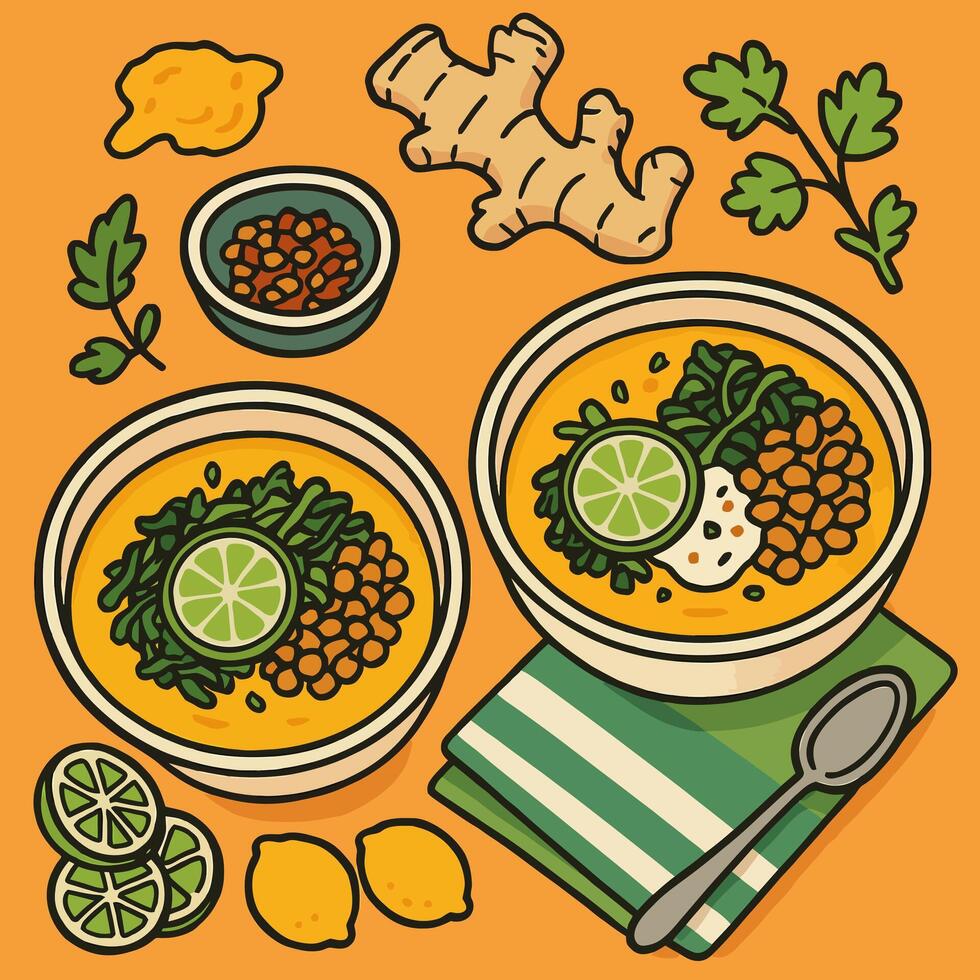 Serving Hot Soup Illustration with Lime and Ginger on Orange Background vector