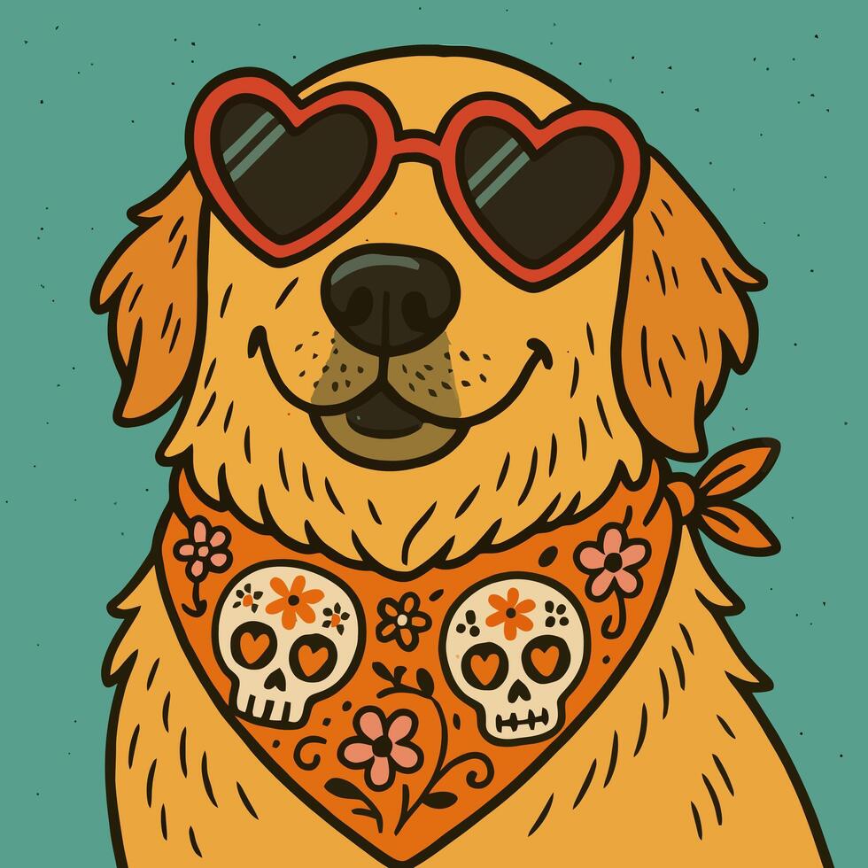 Dog Illustration Wearing Heart Sunglasses and Bandana with Skull Design vector