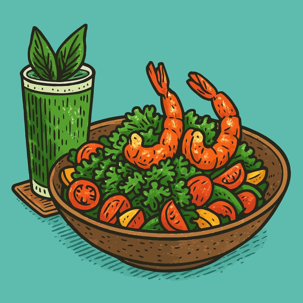Preparing Fresh Shrimp Salad with Green Juice for Healthy Eating vector