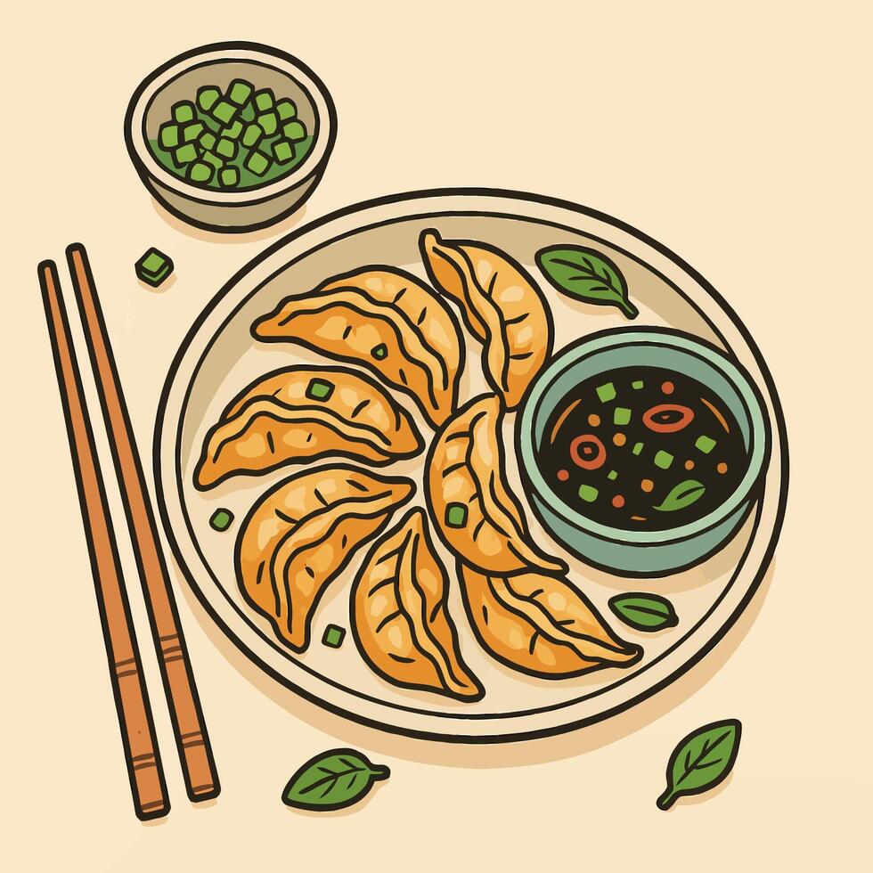 Serving of Appetizing Dumplings with Soy Sauce and Chopsticks Ready vector