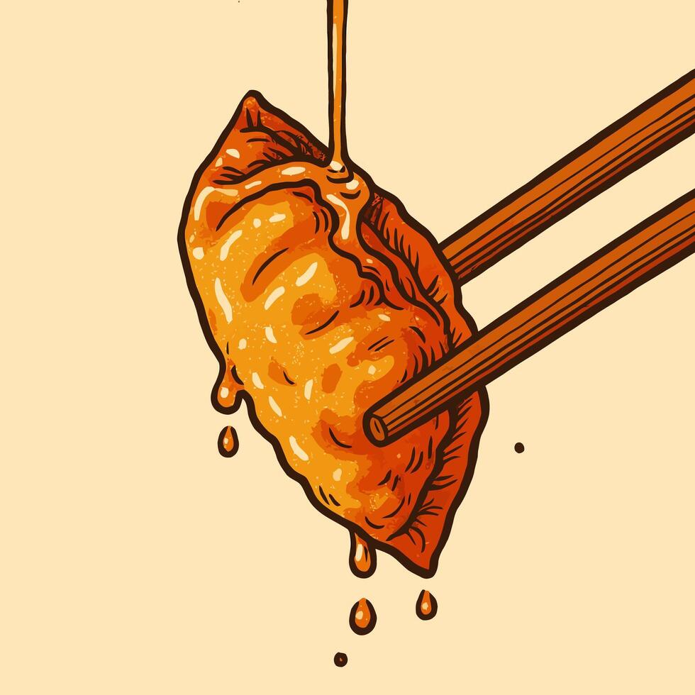 Dumpling with Sauce Drizzling Being Held by Chopsticks Food Illustration vector