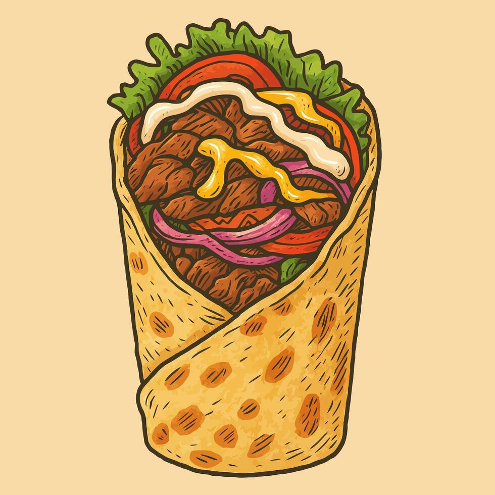 Shawarma Wrap with Meat and Vegetables Graphic Food Illustration vector