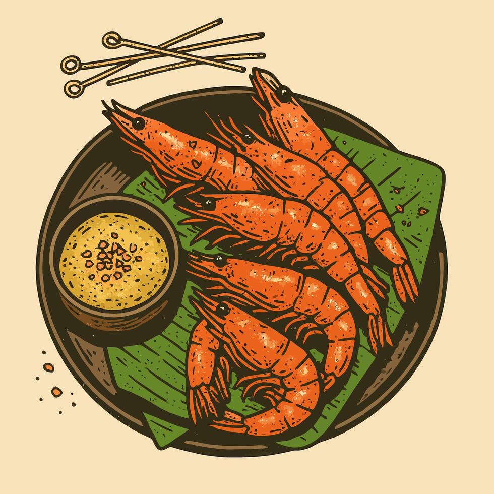 Grilled Shrimp on Plate with Sauce and Skewers Food Illustration vector