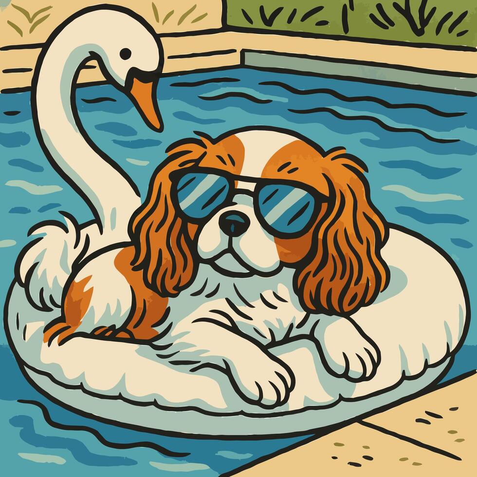 Dog Relaxing on Swan Float in Pool Wearing Sunglasses Illustration vector