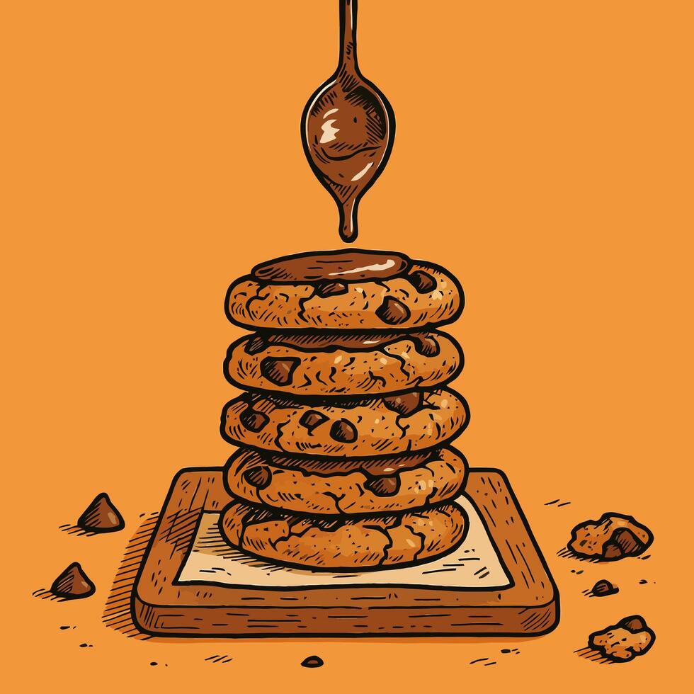 Stack of Chocolate Chip Cookies with Chocolate Sauce Pouring Down vector