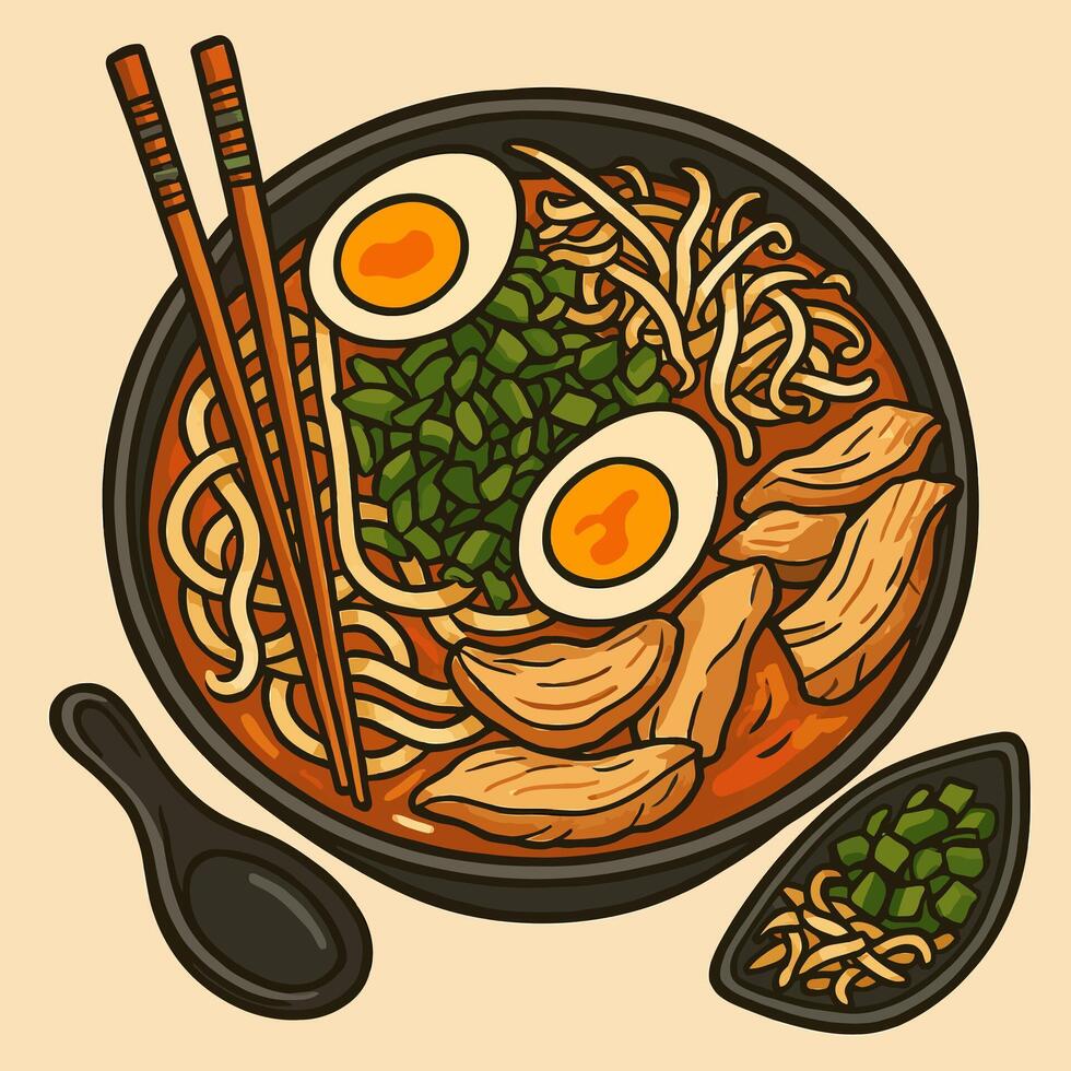 Ramen Bowl Illustration with Noodles Egg and Meat Toppings Overhead vector
