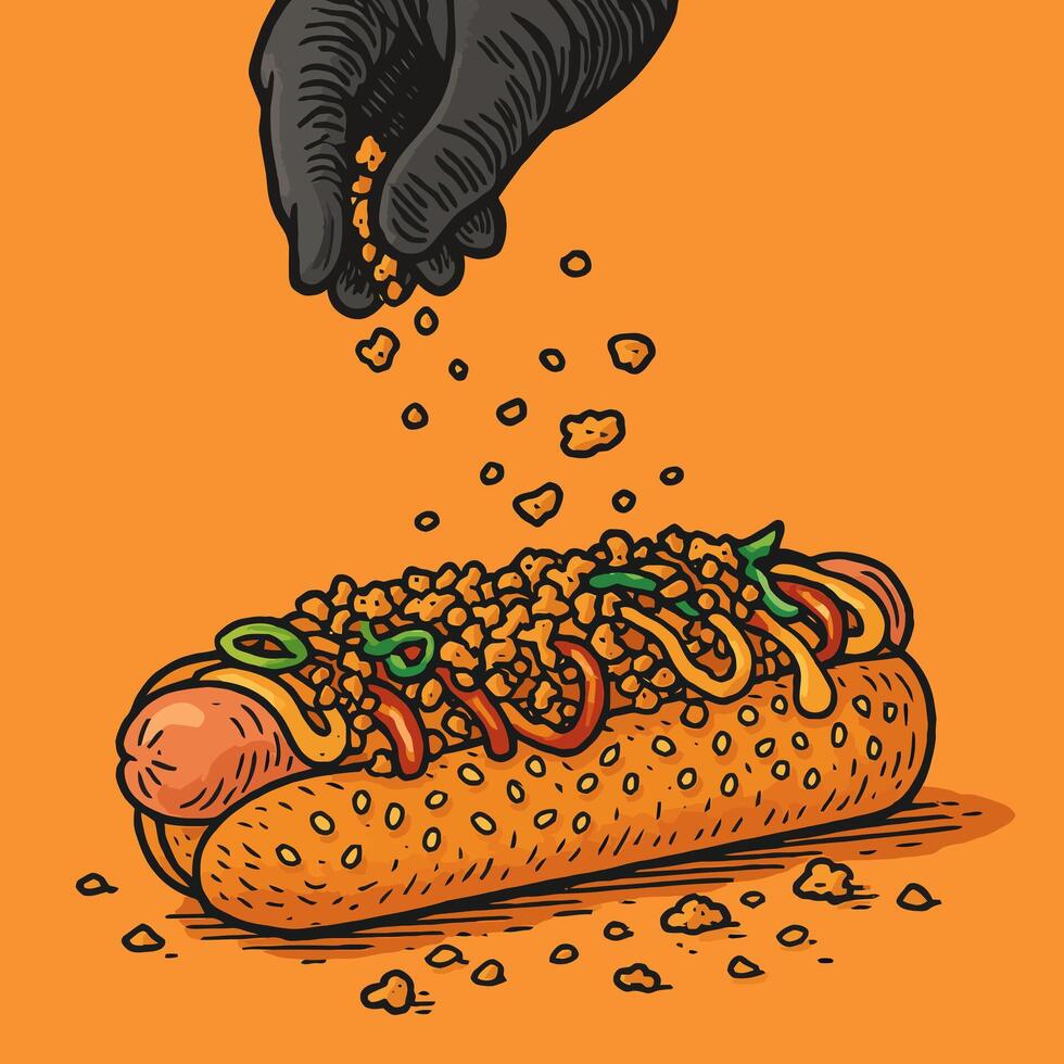 Preparing Loaded Hot Dog with Hand Sprinkling Toppings Illustration vector