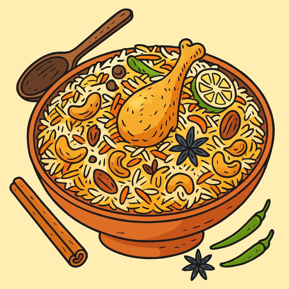 Serving of Flavorful Chicken and Rice Dish with Spices and Garnishes vector