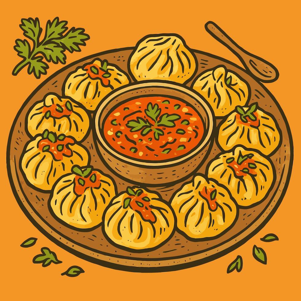 Dumplings with Sauce on Plate Illustration Delicious Meal Concept vector