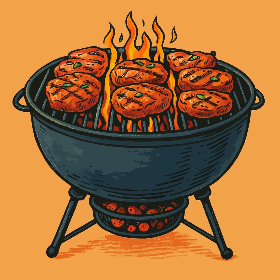 Grilling Meat Patties on Round Charcoal Grill with Flames Illustration vector