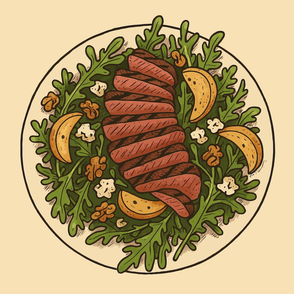 Delicious Grilled Steak Salad with Arugula, Nuts, and Fruit Illustration vector