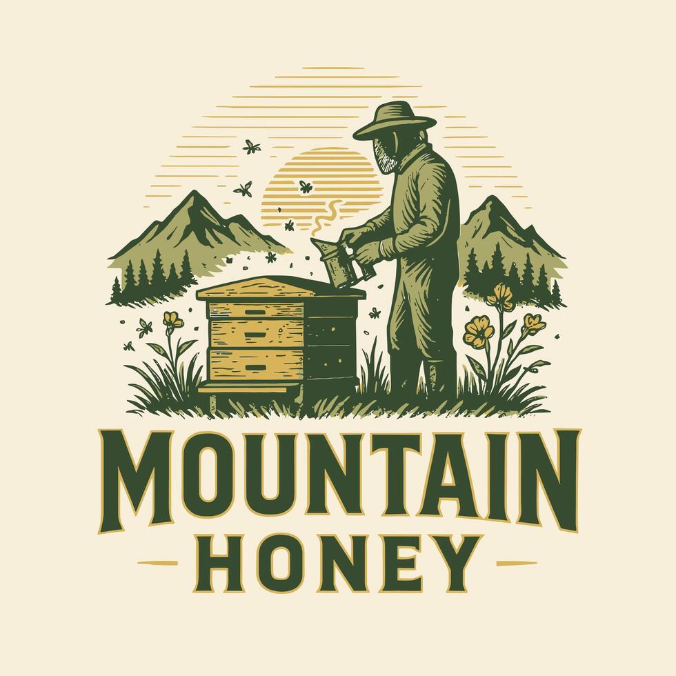 Beekeeper Working with Beehive Near Mountains Producing Natural Mountain Honey vector