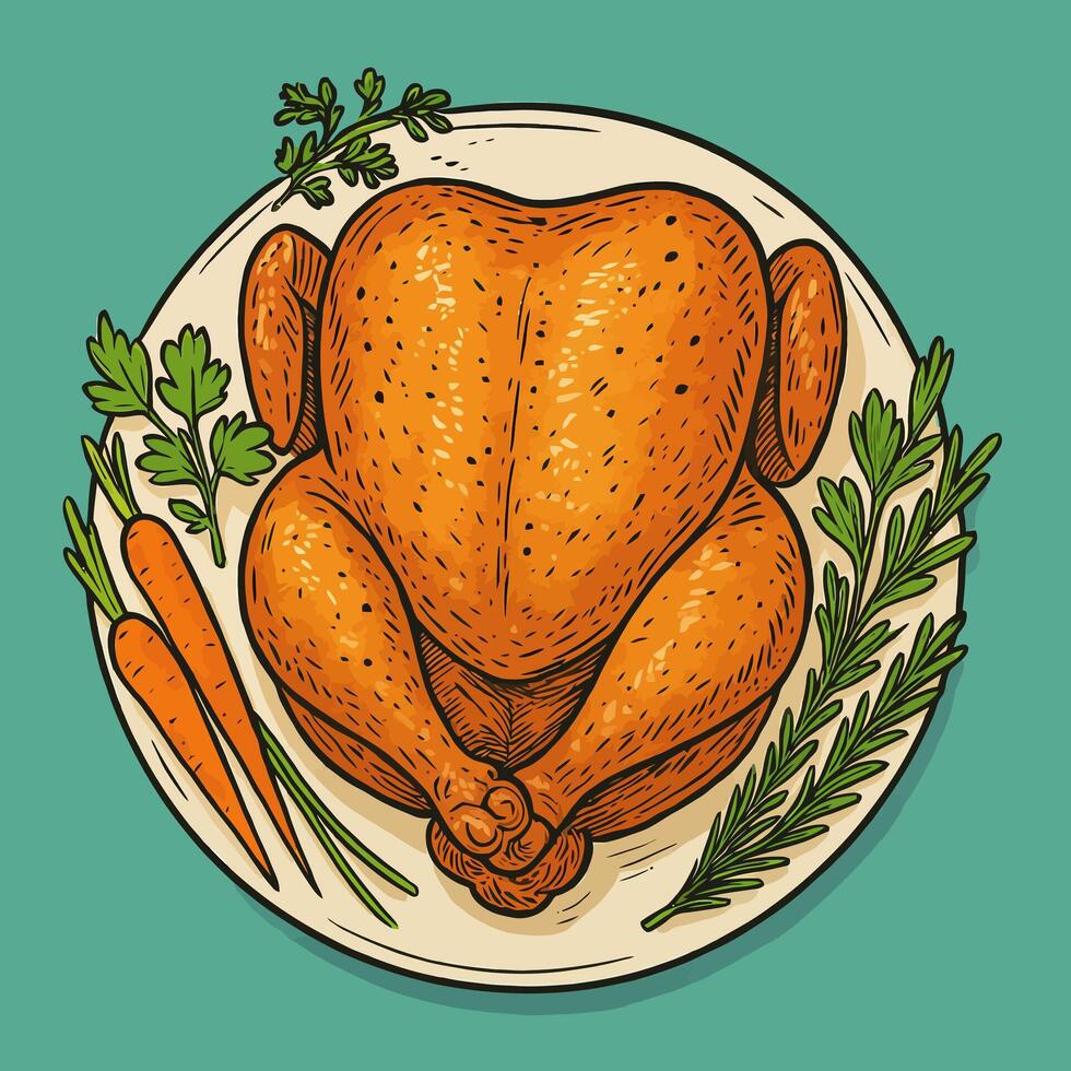 Roasted Chicken with Carrots and Herbs on Plate Overhead View vector