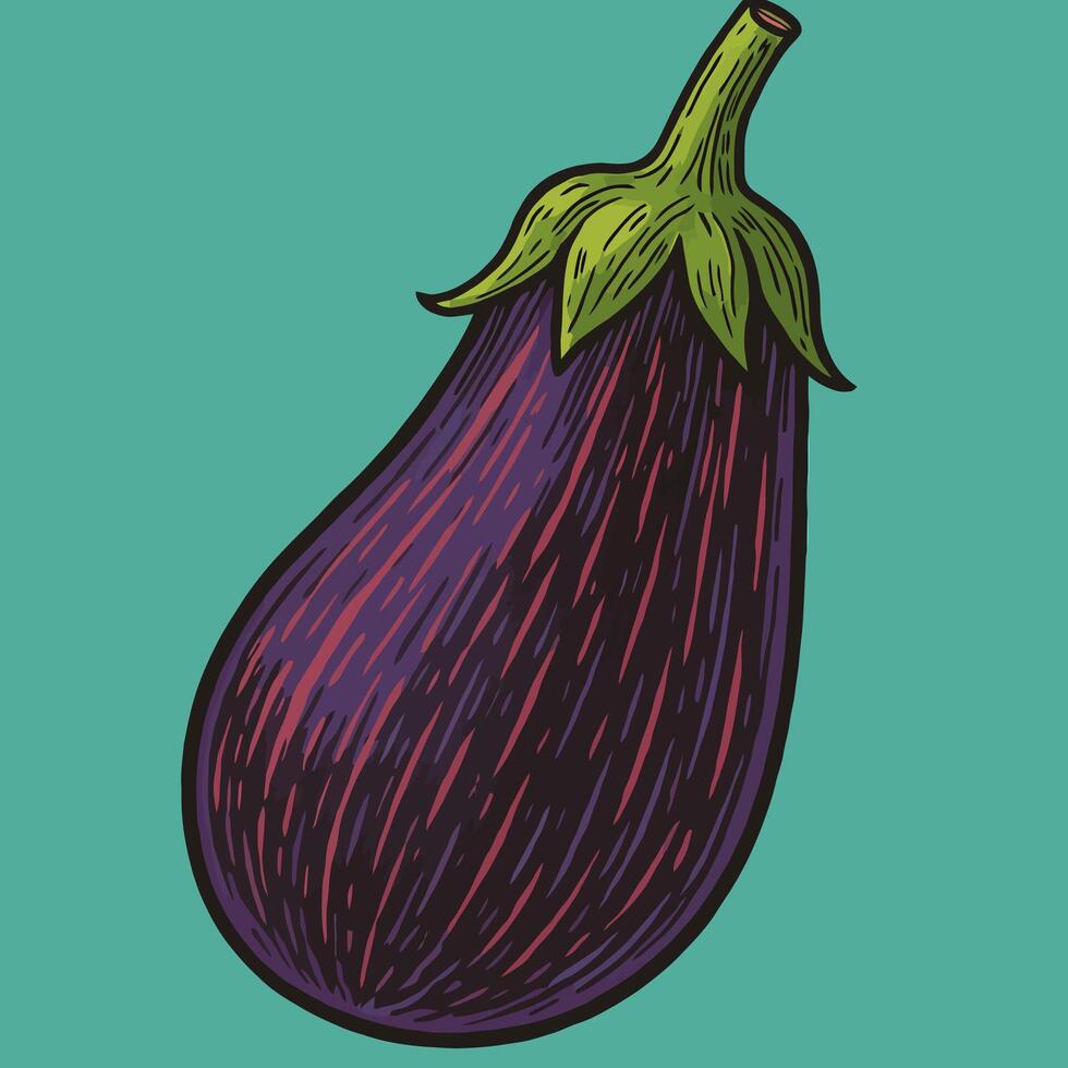 Drawing of Single Eggplant on Blue Background Showing Detailed Texture vector