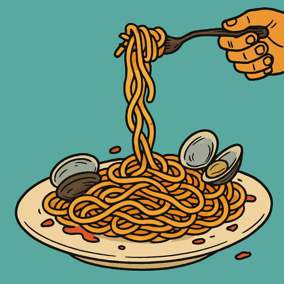 Serving Pasta with Clams Illustration with Hand and Fork vector
