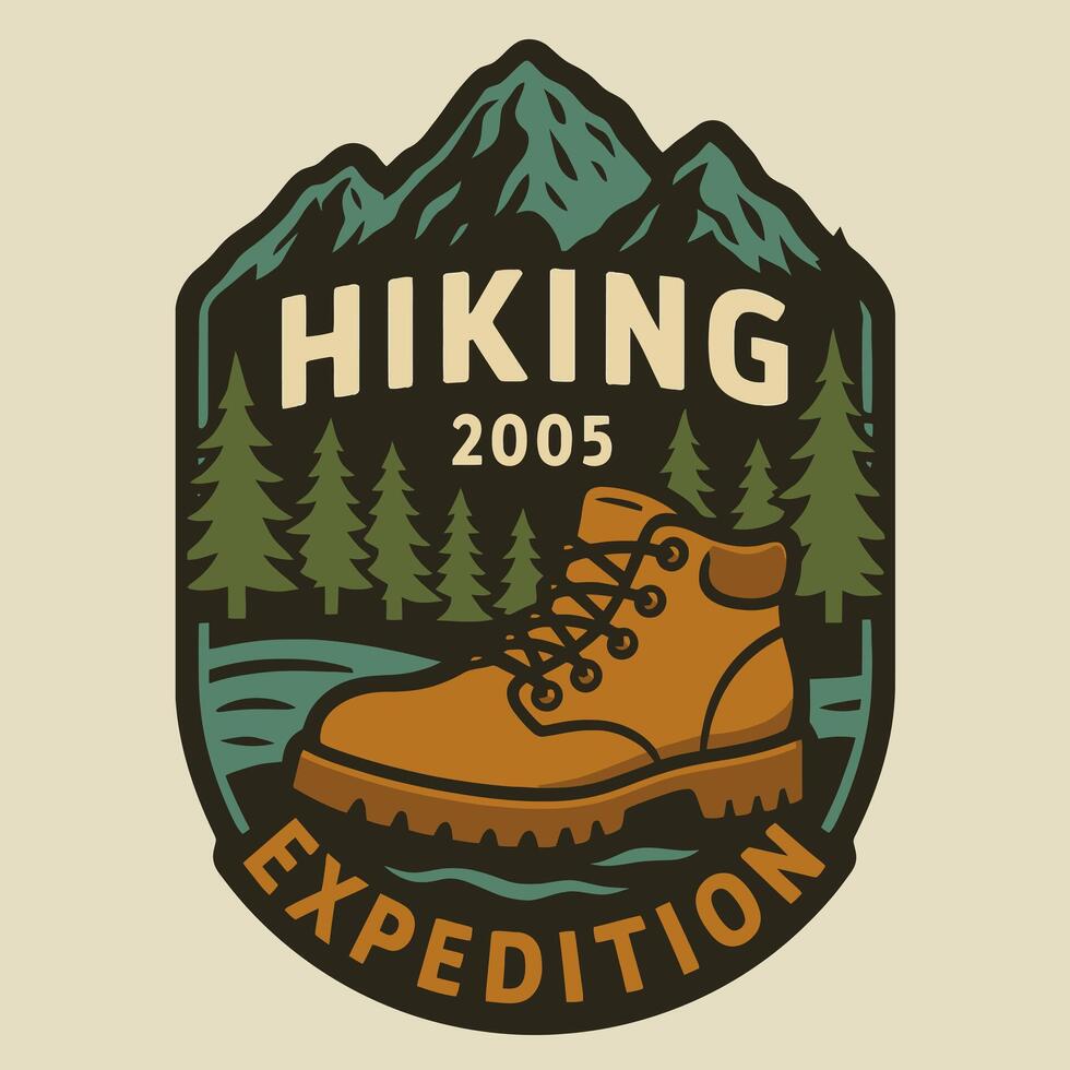 Hiking Boot Illustration with Mountain Landscape and Expedition Text vector