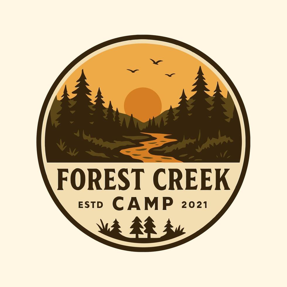 Camping Adventure Emblem Forest Creek Scene River and Setting Sun vector