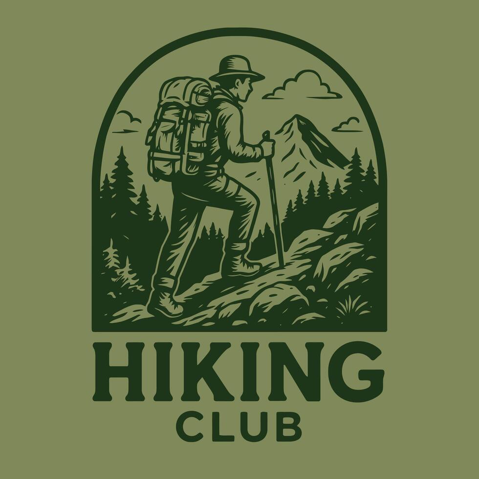 Man Hiking in the Mountains with Backpack and Walking Stick vector