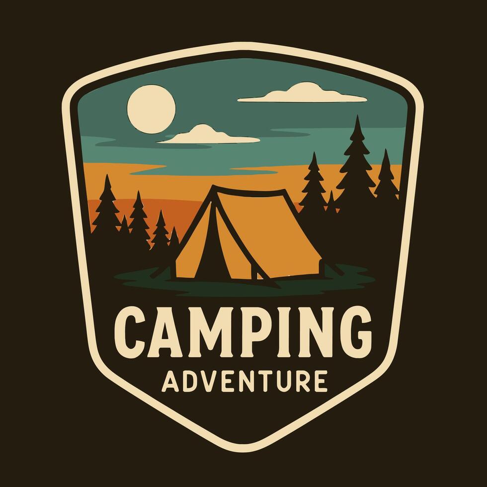 Camping Adventure Illustration Tent Beneath Sky with Moon and Trees vector