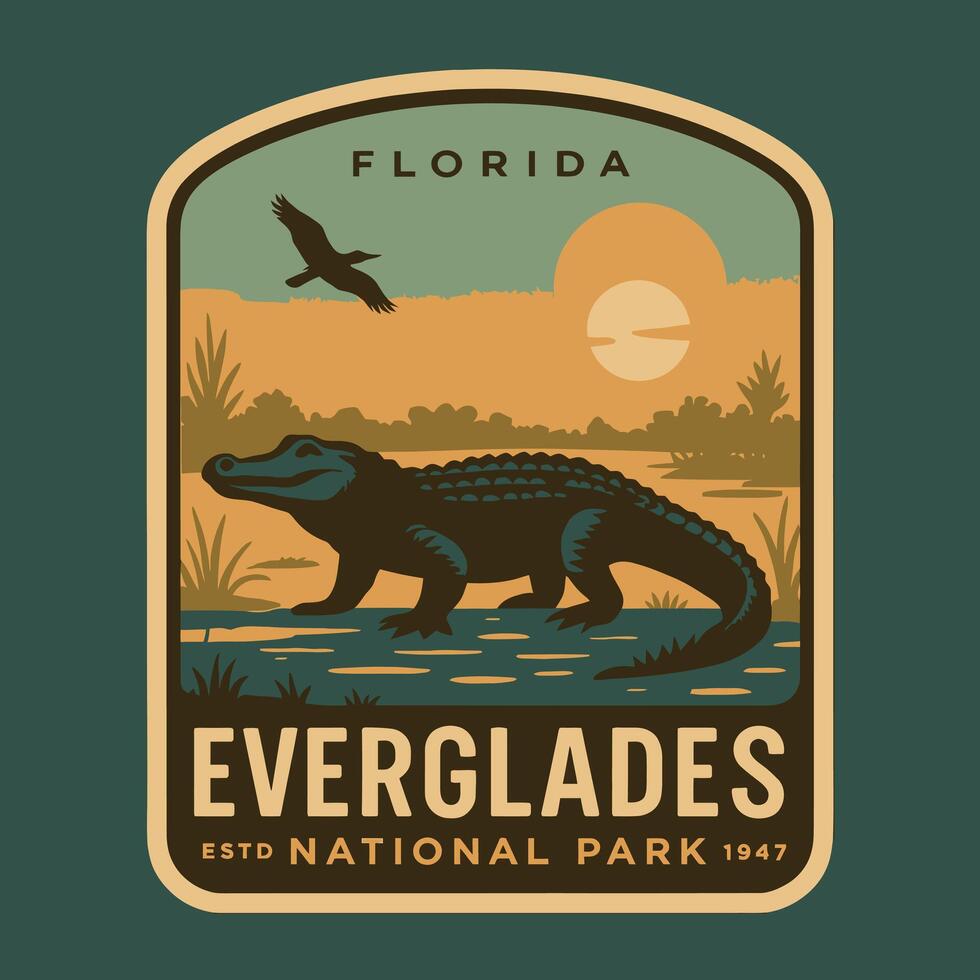 Alligator Walking in Waters at Sunset Bird Flying Illustration vector