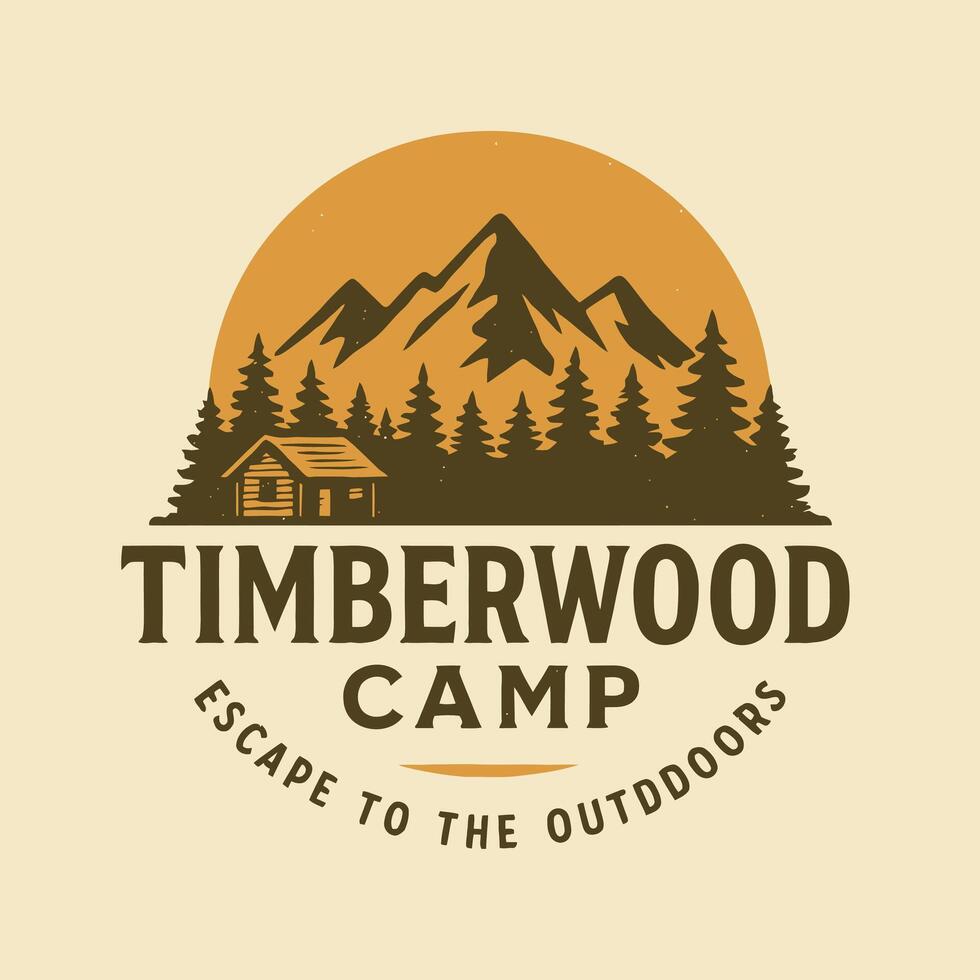Cabin and Pine Trees with Mountain Scenery, Graphic Campground Adventure vector