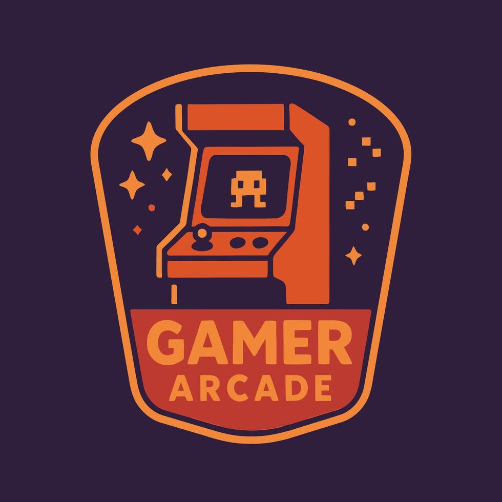 Retro Arcade Game Machine Badge Design with Stars and Pixels vector