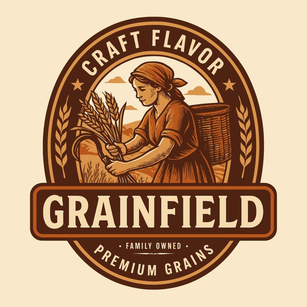 Harvesting Woman in Grainfield with Craft Flavor Round Badge Design vector