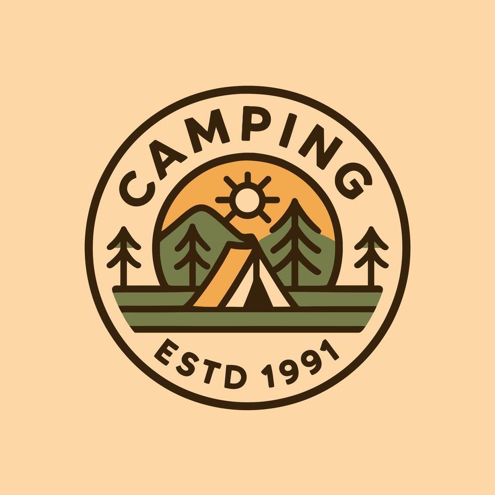 Camping Adventure Logo Design with Tent, Trees and Mountain Scenery vector