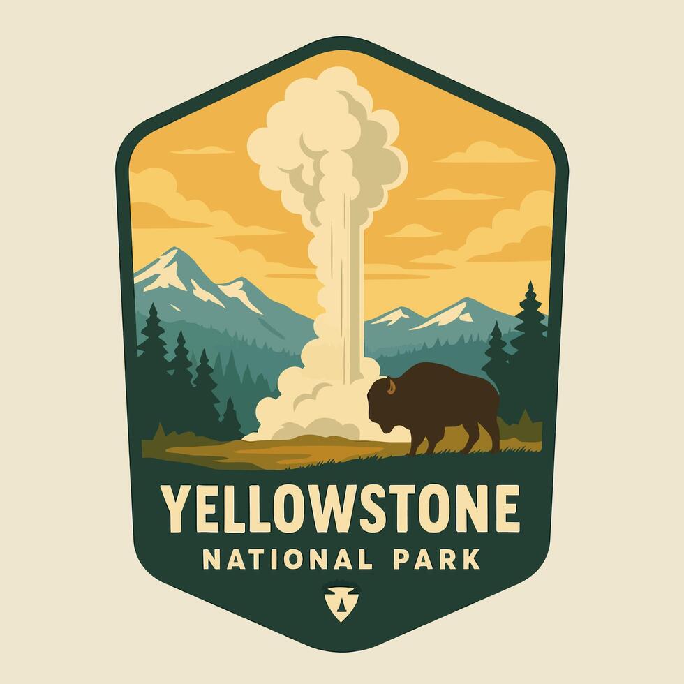 Bison Gazing at Geyser Eruption in National Park Badge Design vector