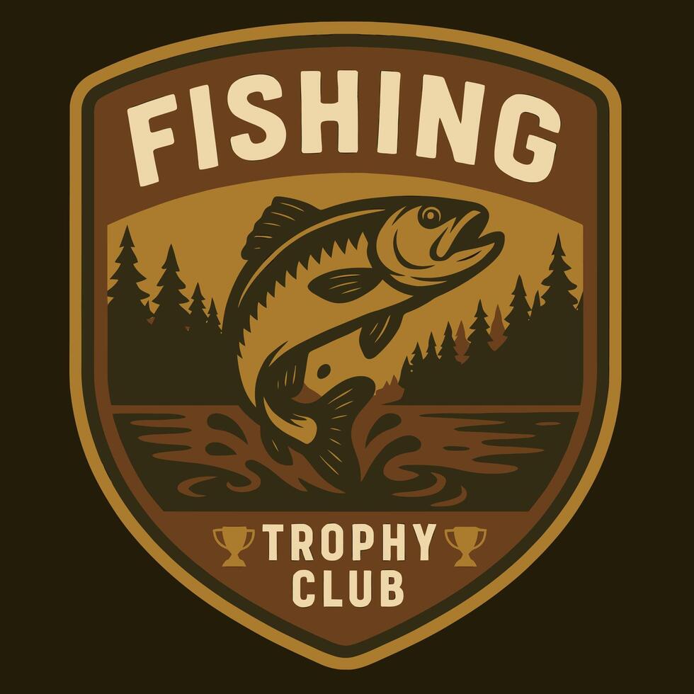 Bass Jumping Out of Water, Trees and Trophies Vintage Style vector