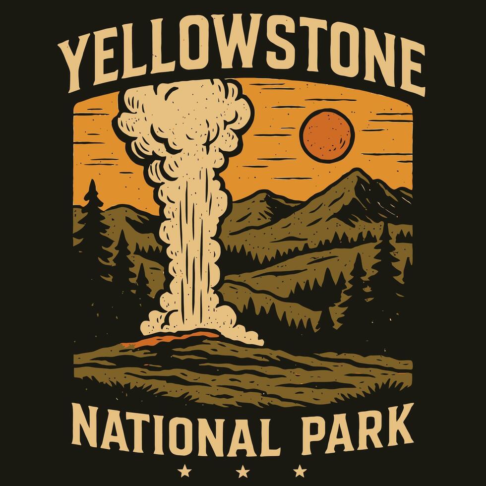Geyser Erupting in Forest Graphic Illustration Against Sunset and Mountain vector