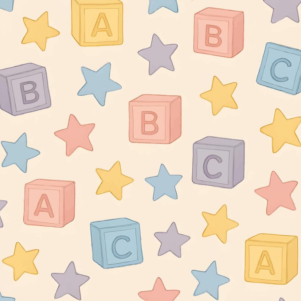 Seamless pattern of toy blocks and stars for children's playroom decor pastel colors fun environment playful viewpoint vector