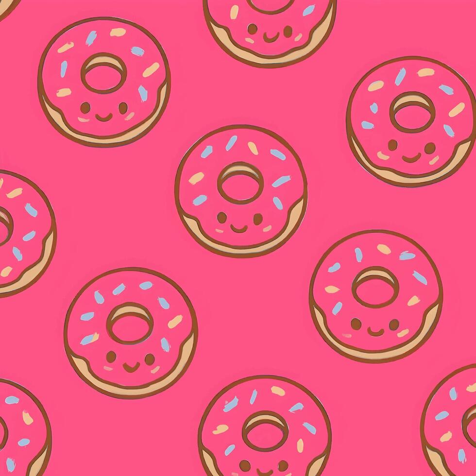 Seamless pattern of happy donuts with faces pink background graphic design fun environment playful viewpoint vector