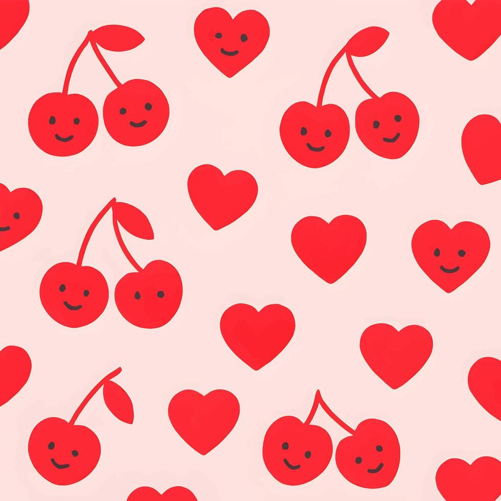 Seamless pattern of smiling cherries and hearts playful design digital art bright background cheerful vibe vector