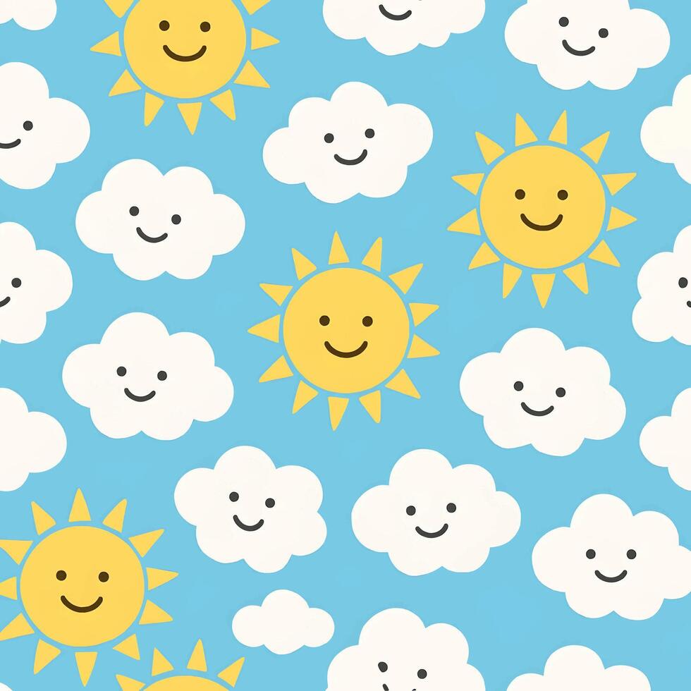 Cheerful seamless pattern of happy suns and clouds playful design bright blue background joyful atmosphere vector