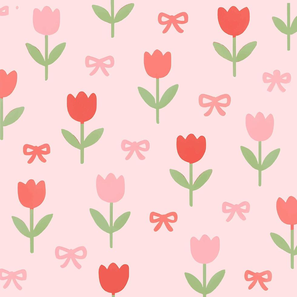 Seamless tulip bow pattern design floral decor digital artwork soft pastel environment top view concept vector