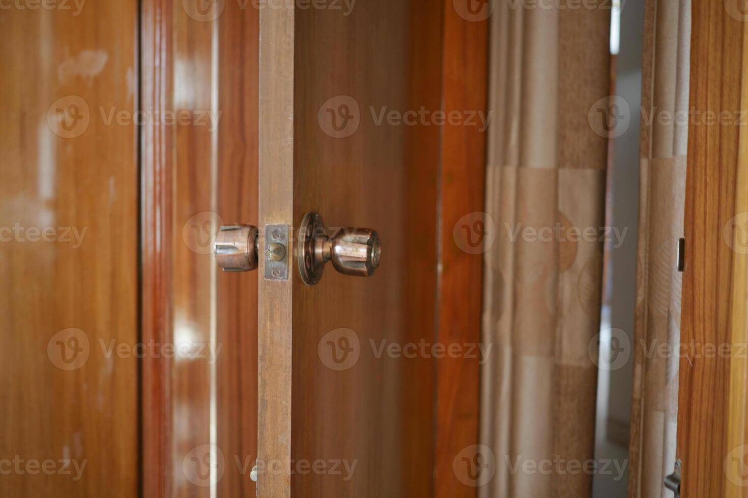 Close-up view of wooden cabinet door with polished metal knob photo