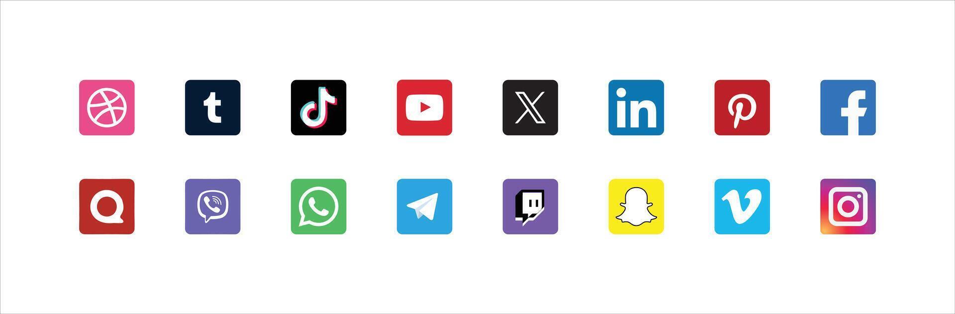 Social Media Icons Collection, original official logo of x, Facebook, Instagram, YouTube, LinkedIn, Pinterest, tiktok, Quora, WhatsApp, viber, snapchat, tumblr, telegram Illustration editable vector