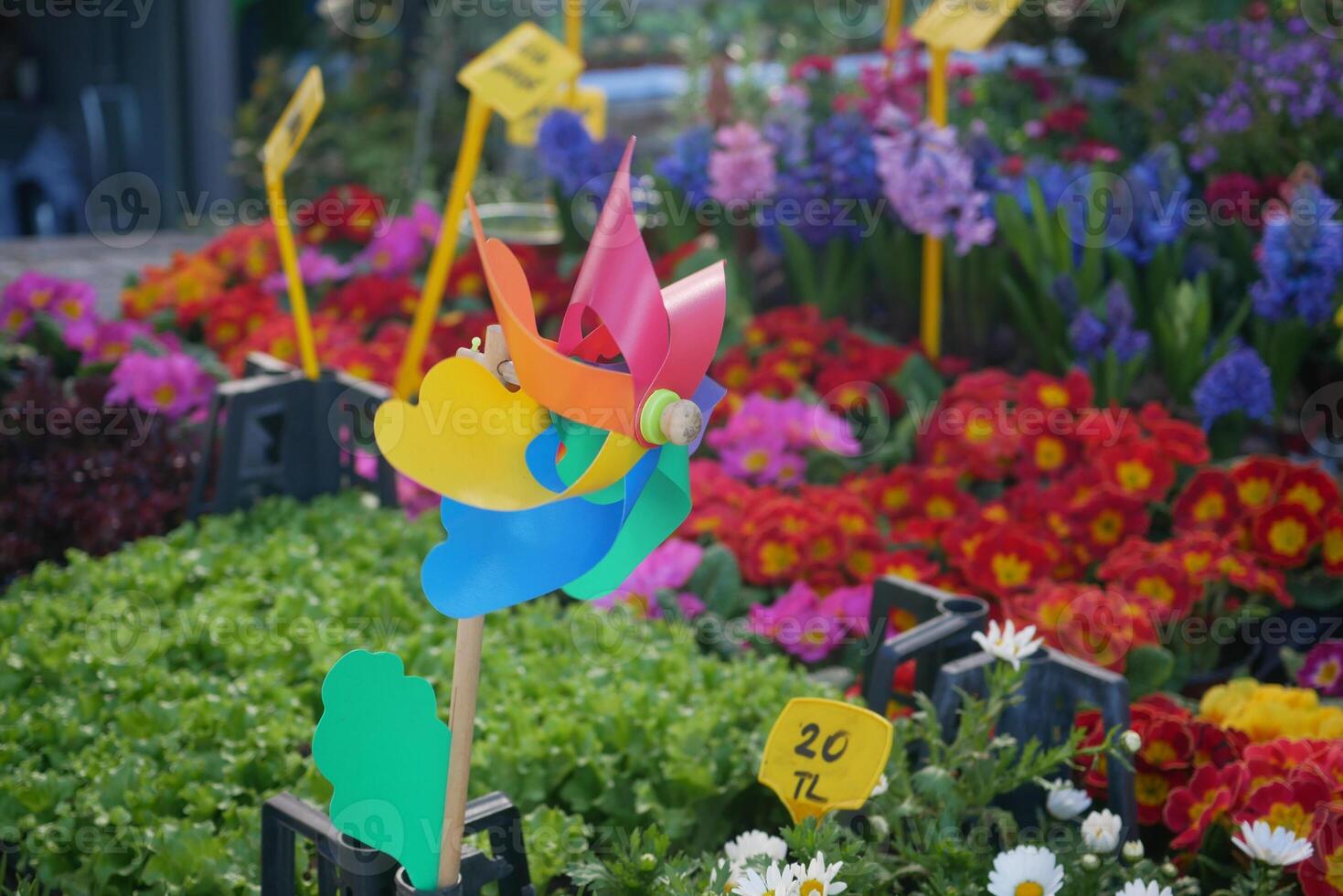 Colorful windmill among vibrant flowers at a market in spring photo