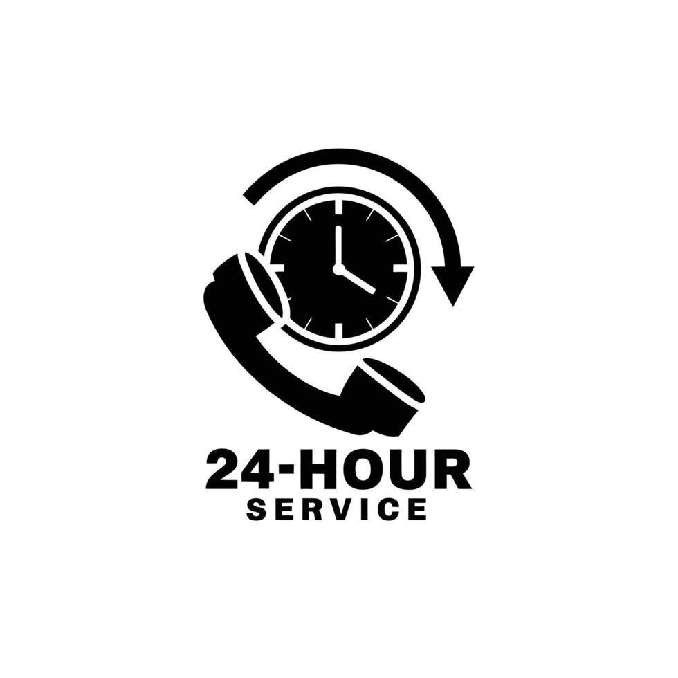 24-Hour Service with Telephone and Clock Illustration for Customer Support vector