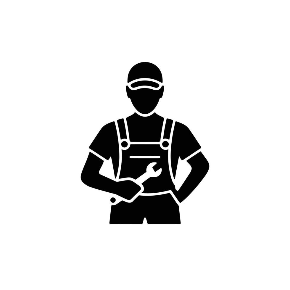 Silhouette of a Mechanic Holding a Wrench in Overalls and Cap - Professional Repair Service Symbol vector