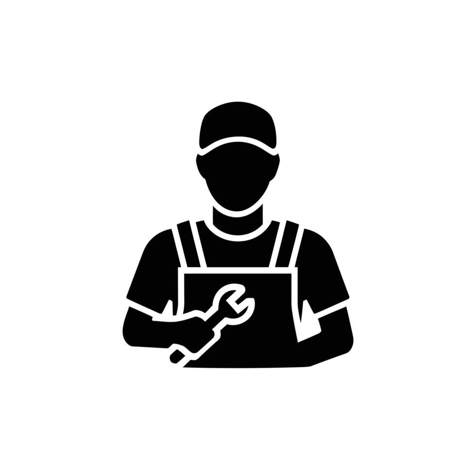 Silhouette of a Mechanic Holding a Wrench in Overalls and Cap Professional Repair Service Symbol vector