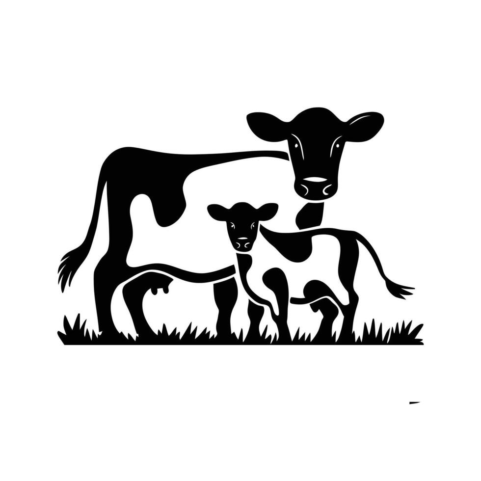 A cow and calf are shown in a black and white silhouette vector