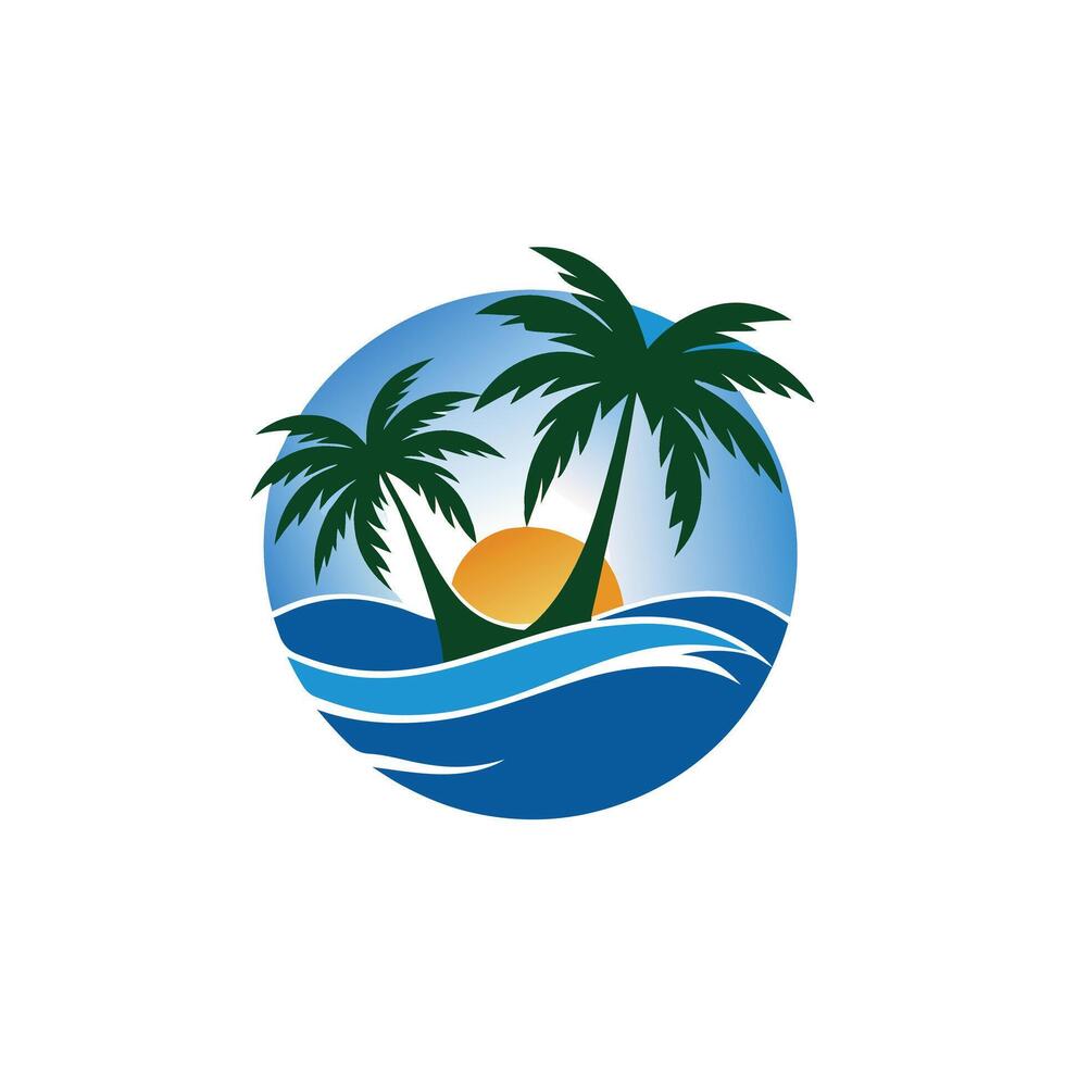 Beach sunset scene featuring palm trees and orange sun. vector