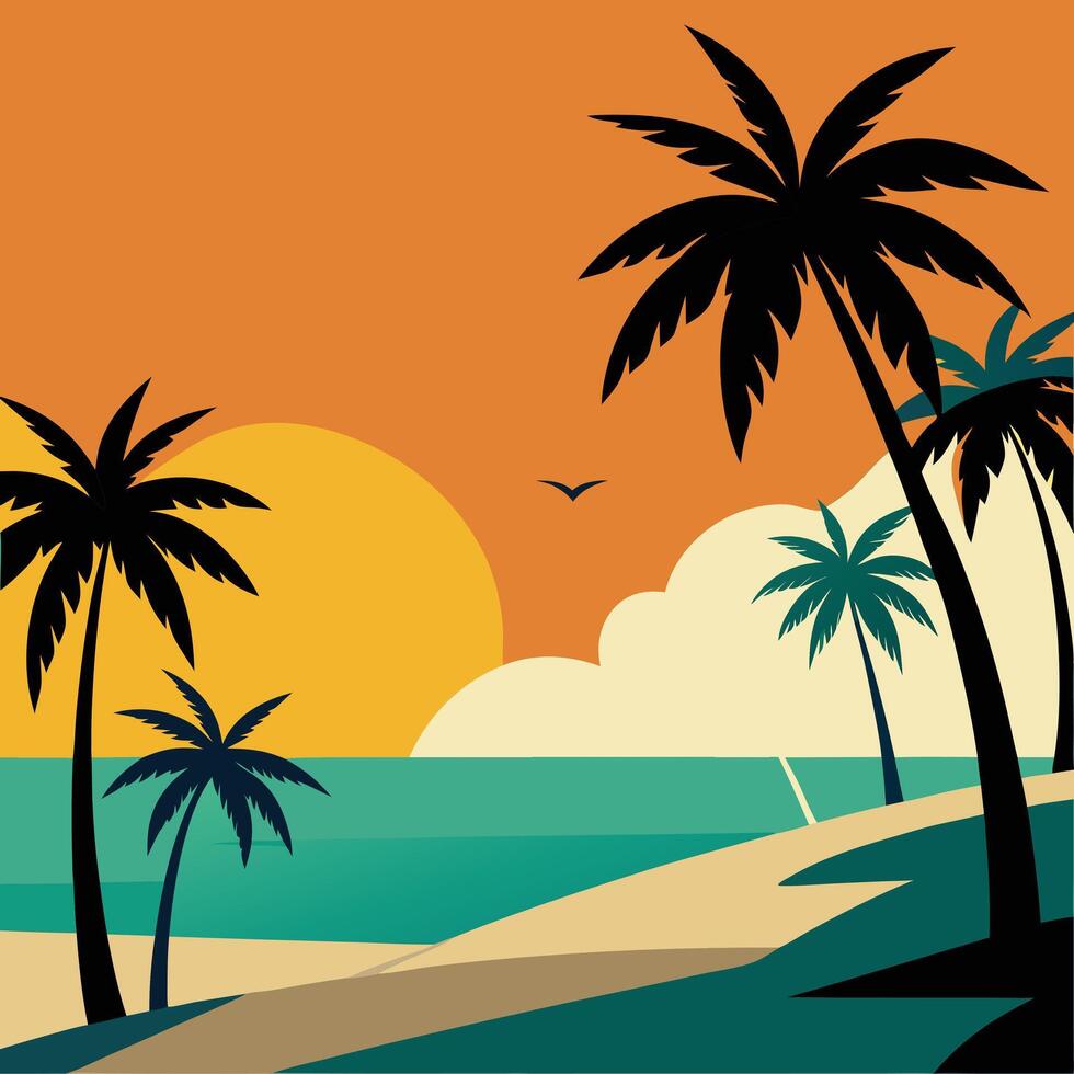 Tropical beach scene with stylized palm trees and bright tones. vector