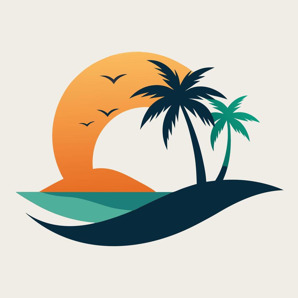 Minimalist tropical island logo featuring palm tree art. vector