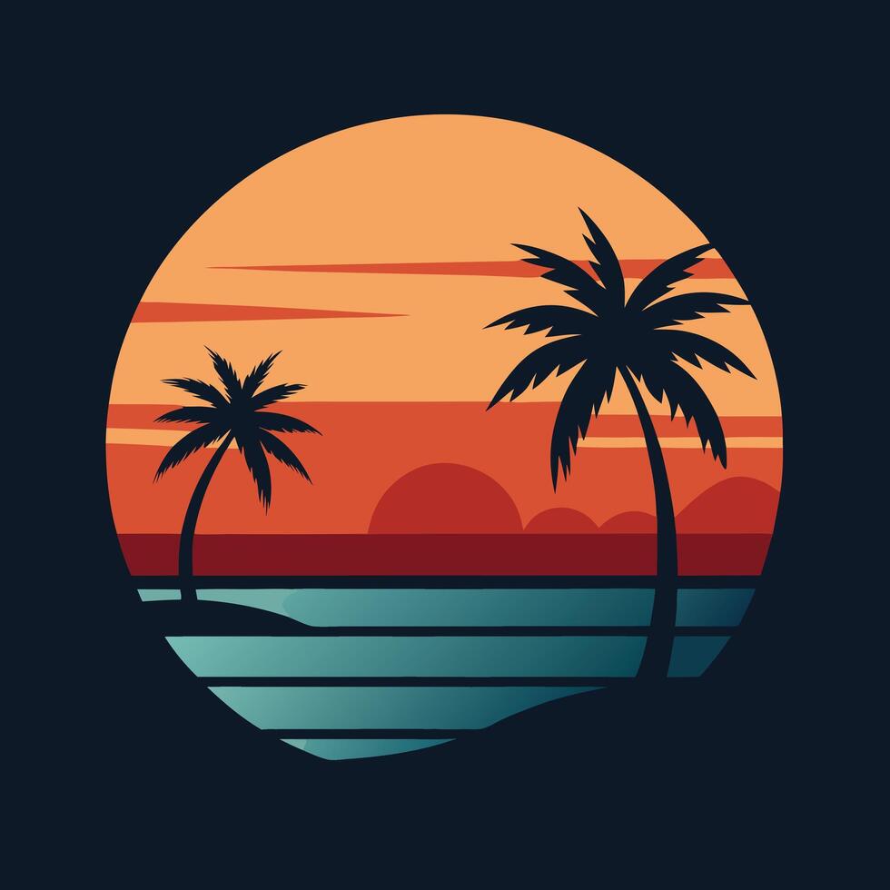Palm tree silhouettes against vibrant orange sunset sky. vector