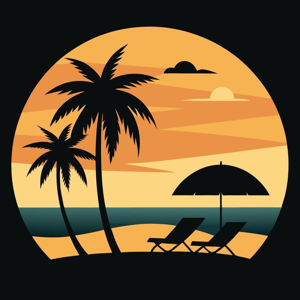 Tropical beach silhouette with palm trees and sandy beach view. vector