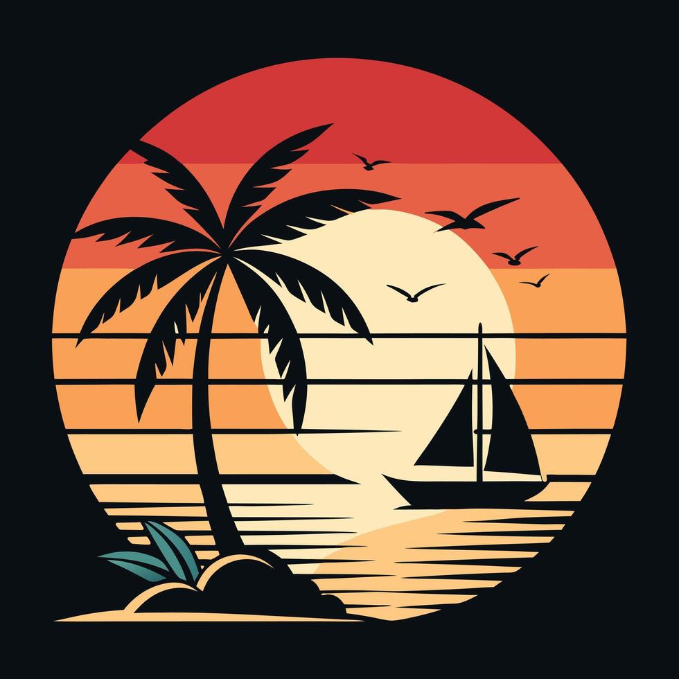 Vibrant tropical sunset palm tree silhouette design. vector